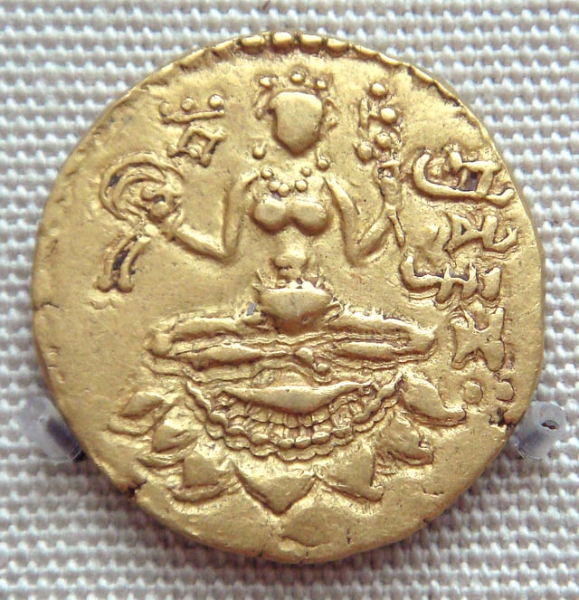 Goddess Lakshmi on gold coinage issued under Gupta Empire, c. 380 AD