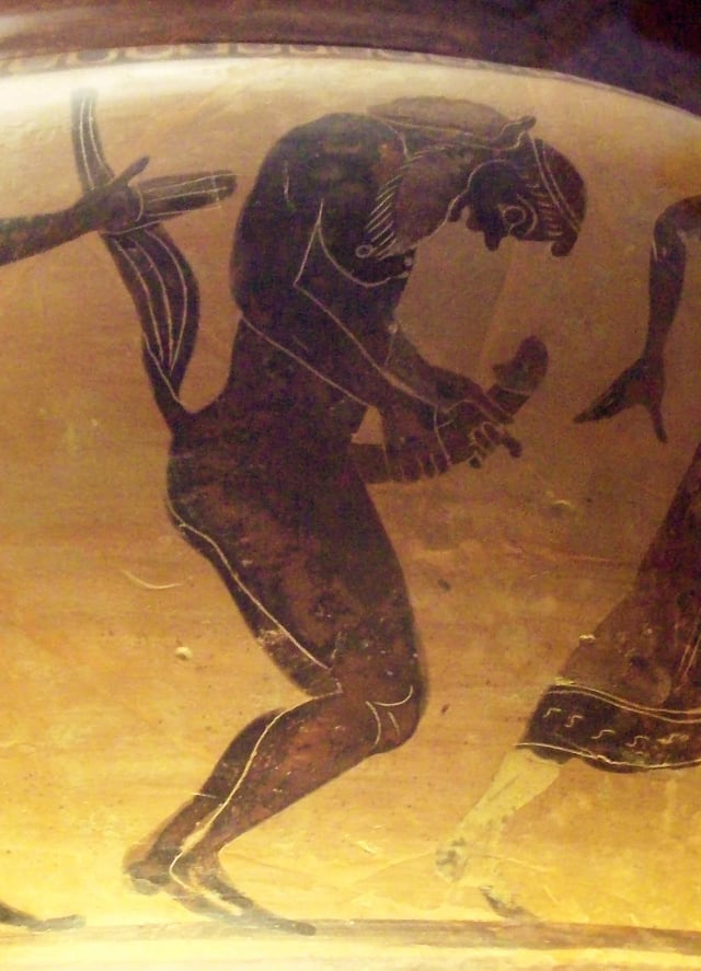 Detail of a krater, dating to c. 560–550 BC, showing a satyr masturbating. Athenian satyr plays were characterized as "a genre of 'hard-ons.'"