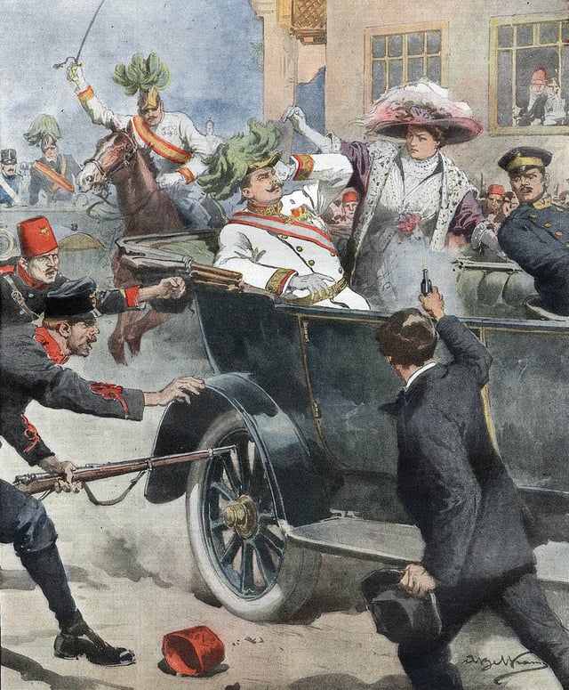 Assassination of Archduke Franz Ferdinand of Austria and Sophie, Duchess of Hohenberg in Sarajevo, illustrated in the Italian newspaper Domenica del Corriere, 12 July 1914 by Achille Beltrame