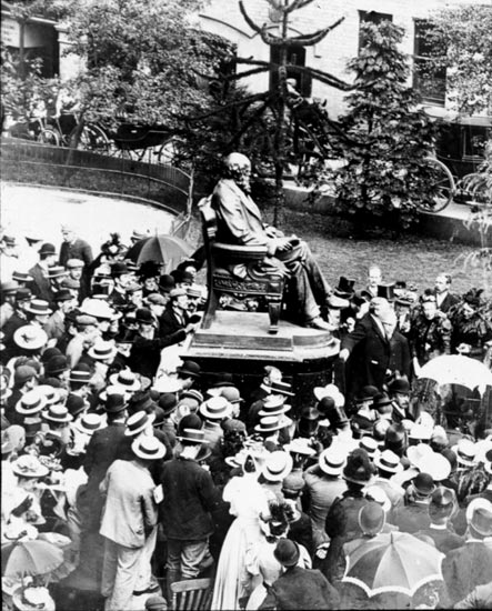 Unveiling of the Darwin Statue outside the former Shrewsbury School building in 1897