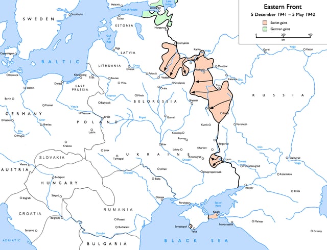 The Soviet winter counter-offensive, 5 December 1941 to 7 May 1942:  Soviet gains   German gains