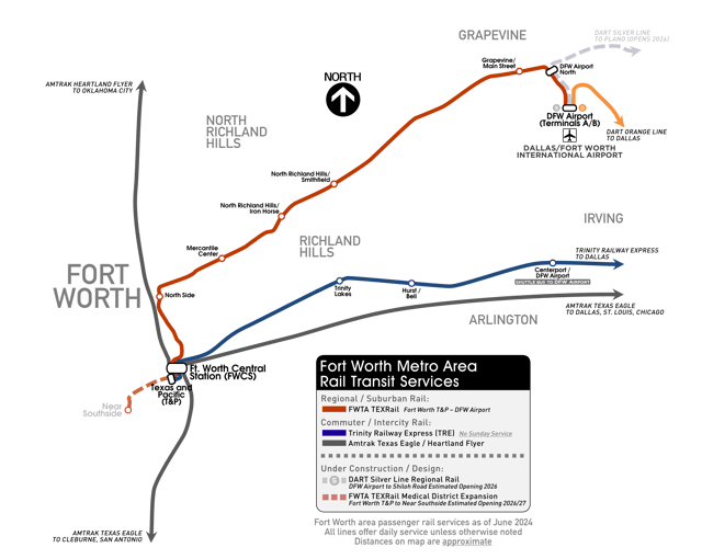 Map of public rail transit in the Fort Worth metro area