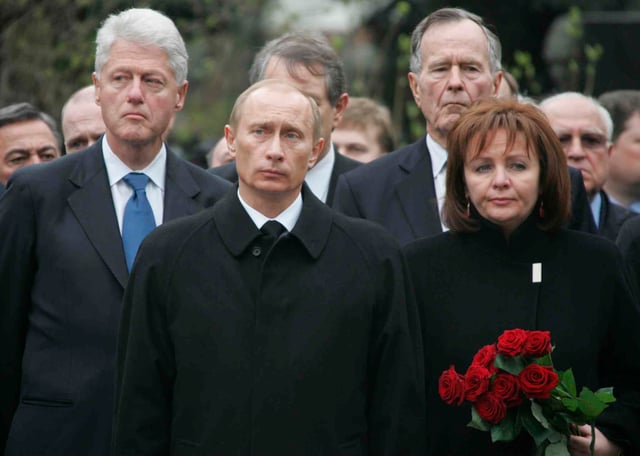 Putin, Bill Clinton and George H. W. Bush at the funeral of Boris Yeltsin in Moscow, April 2007