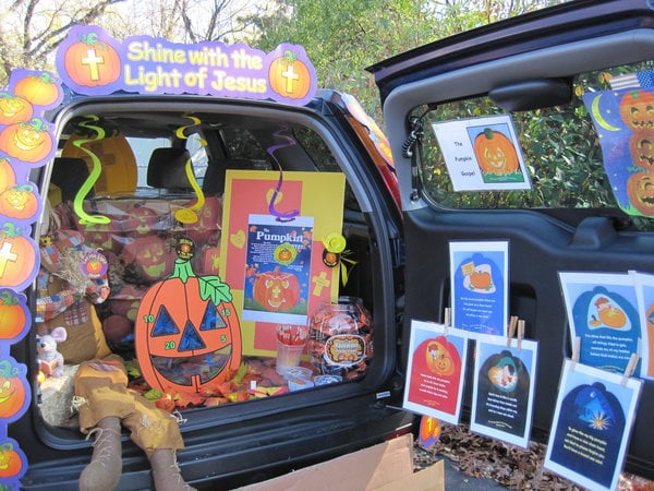 An automobile trunk at a trunk-or-treat event at St. John Lutheran Church and Early Learning Center in Darien, Illinois