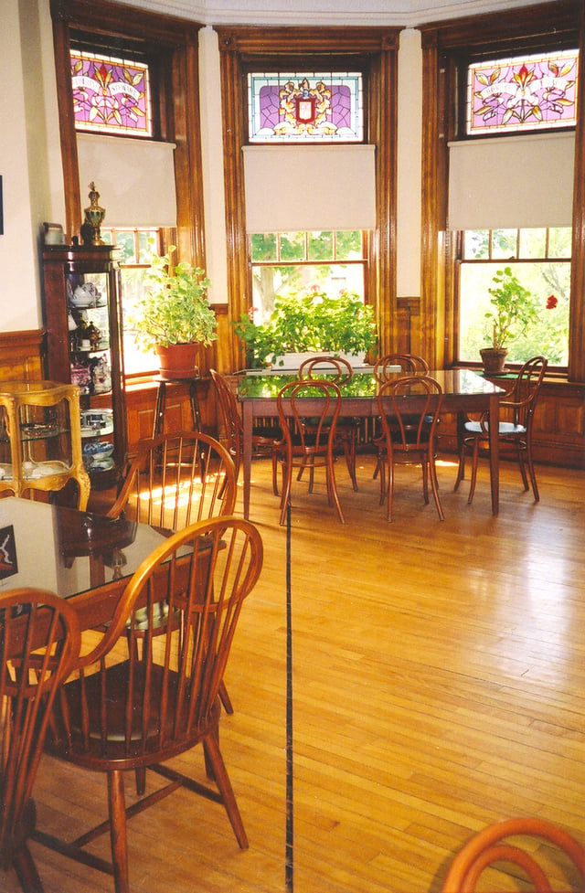 The international boundary is marked as a black line on the floor of the reading room of the Haskell Library. In this picture, Canada is on the right side of the line and the United States is on the left.