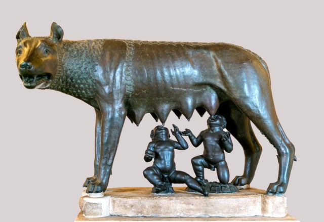 Capitoline Wolf, sculpture of the mythical she-wolf suckling the infant twins Romulus and Remus.