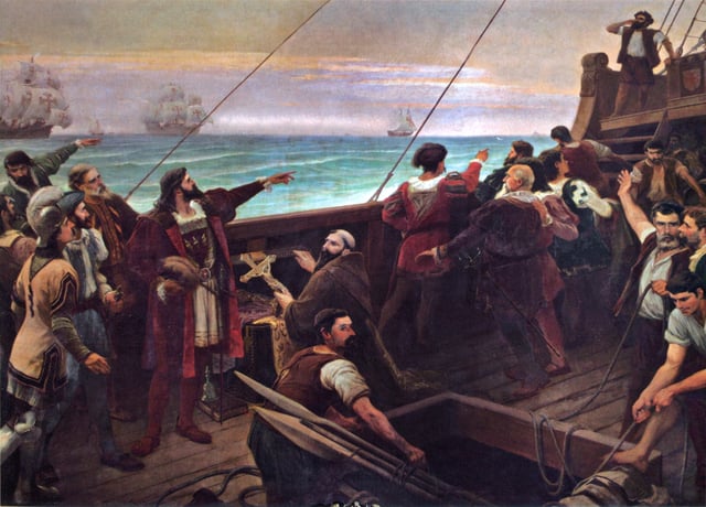 Cabral (center-left, pointing) sights the Brazilian mainland for the first time on 22 April 1500.