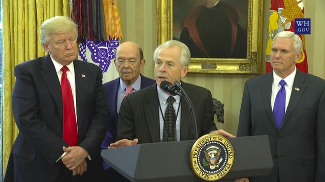 Director Peter Navarro addresses President Donald Trump's promises to American people, workers, and domestic manufacturers (**Declaring American Economic Independence   ** on June 28, 2016) in the Oval Office with Vice President Mike Pence and Secretary of Commerce Wilbur Ross before President Trump signs Executive Orders regarding trade in March 2017