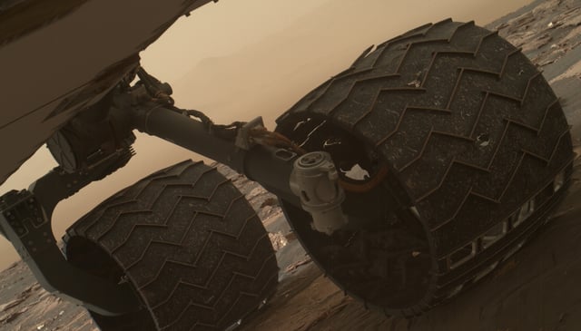 Curiosity's battered wheel after several years of exploration, 2017