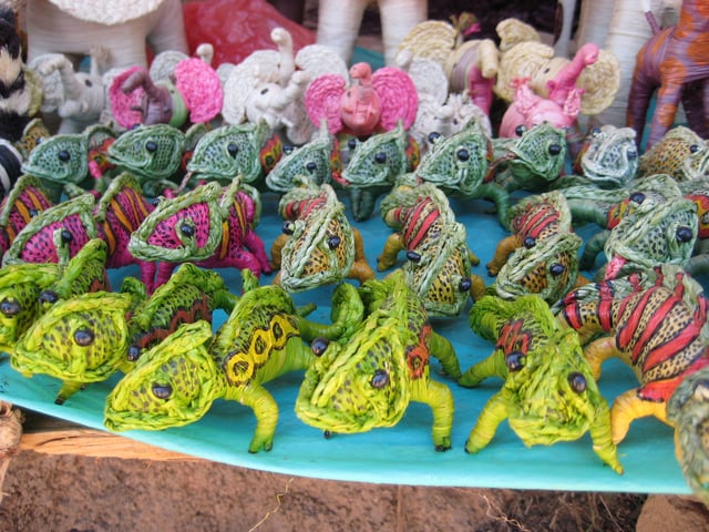 Toy animals made from raffia, a native palm