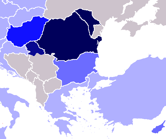 Romanian as second and/or foreign language in Central/Eastern Europe native above 3% between 1–3% under 1% n/a