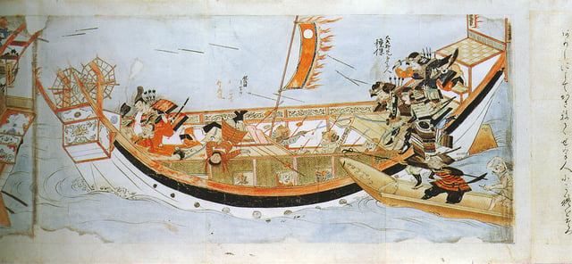 Japanese samurai attacking a Mongol ship, 13th century
