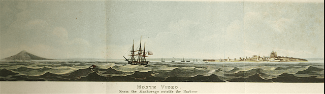 "Monte Video from the Anchorage outside the Harbour" by Emeric Essex Vidal (1820). The earliest securely dated picture of the city.