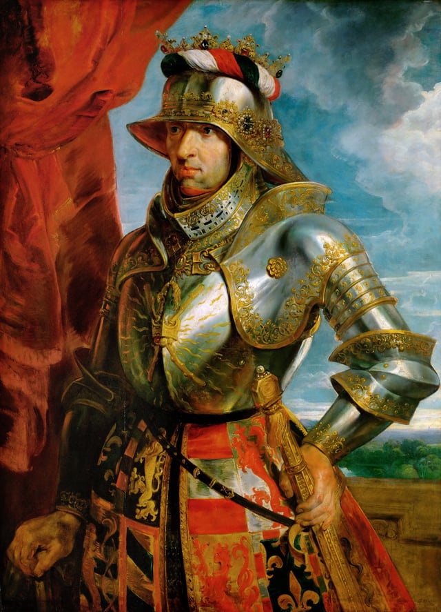 Maximilian in armour, a posthumous portrait in 1618 by Peter Paul Rubens.