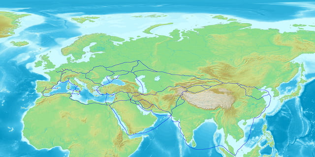 Trade networks are very old and in this picture the blue line shows the trade network of the Radhanites, circa 870 CE