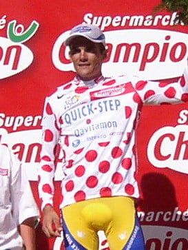 Richard Virenque pictured at the 2003 Tour de France wearing the polka dot jersey. He won the mountains classification a record seven times.