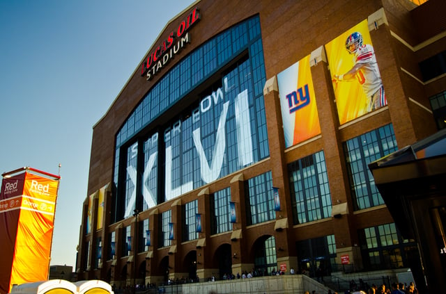 Lucas Oil Stadium during Super Bowl XLVI. The stadium is home to the Indianapolis Colts and Indy Eleven.