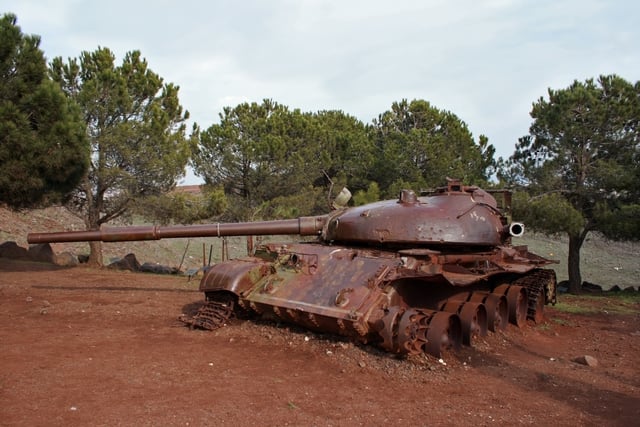A destroyed Syrian T-62 stands as part of an Israeli memorial commemorating the battle of the 'Valley of Tears', Northern Golan Heights.