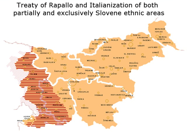 The map showing the present territory of Slovenia, with traditional regional boundaries; the Slovene-speaking areas annexed by Italy after WWI are shown in stripes