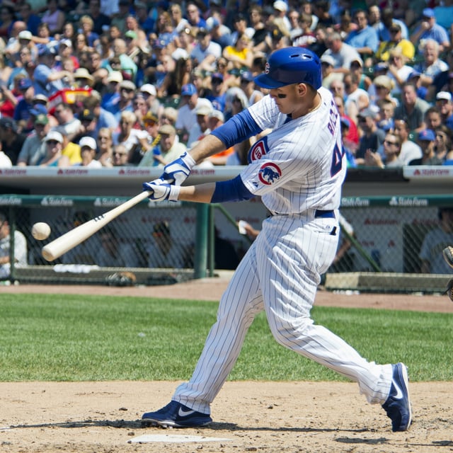 One of two Cubs building blocks, Anthony Rizzo, swinging in the box.