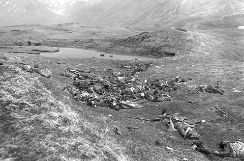 Dead Japanese troops lie where they fell on Attu Island after a final banzai charge against American forces on May 29, 1943 during the Battle of Attu.