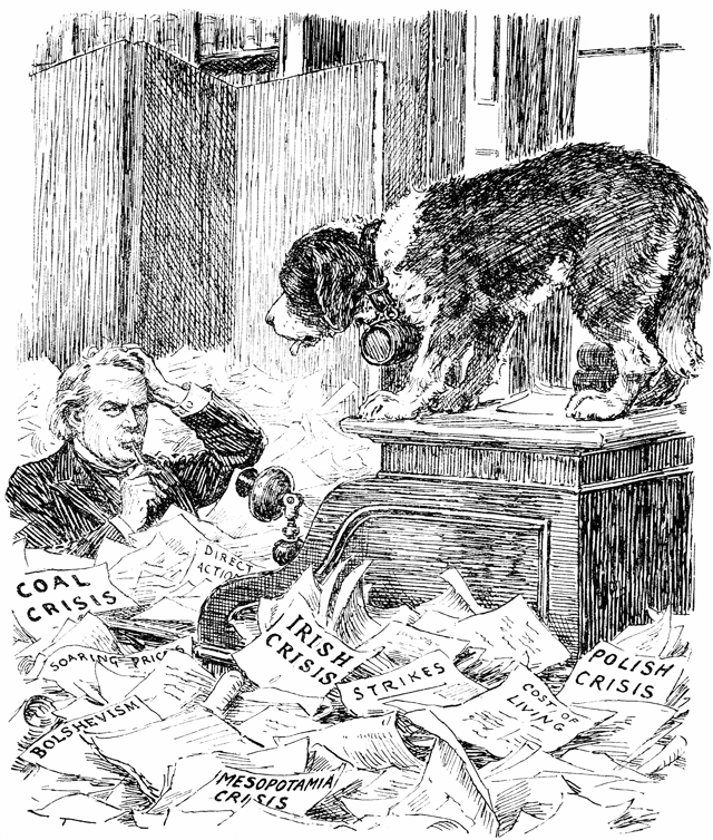 Snowed underSt. Bernard Pup (to his Master). "This situation appeals to my hereditary instincts. Shall I come to the rescue?"[Before leaving Switzerland Mr. Lloyd George purchased a St. Bernard pup.]Cartoon from Punch 15 September 1920