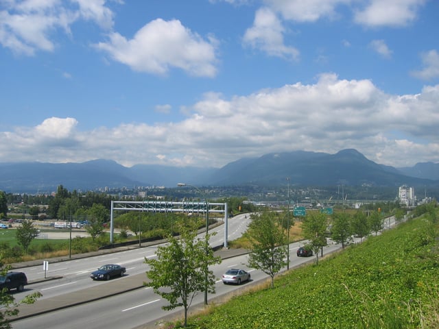 Off and on-ramps leading to British Columbia Highway 1 in Vancouver. Highway 1 is the only controlled-access highway within the city limits.