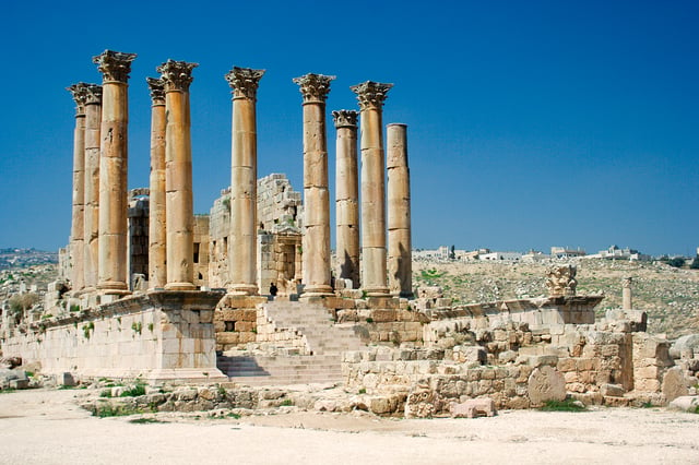 Roman Temple of Artemis in Jerash, Jordan, built during the reign of Antoninus Pius.