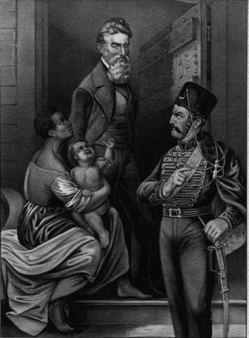 노예 반란을 시도했다 실패한 노예폐지주의자 존 브라운 이 1859년 12월 2일 사형대로 끌려가는 모습을 노예 모자가 바라보고 있다