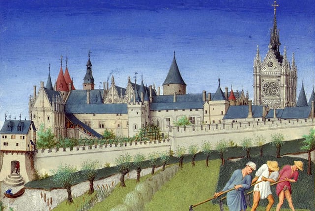 The Palais de la Cité and Sainte-Chapelle, viewed from the Left Bank, from the Très Riches Heures du duc de Berry (month of June) (1410)