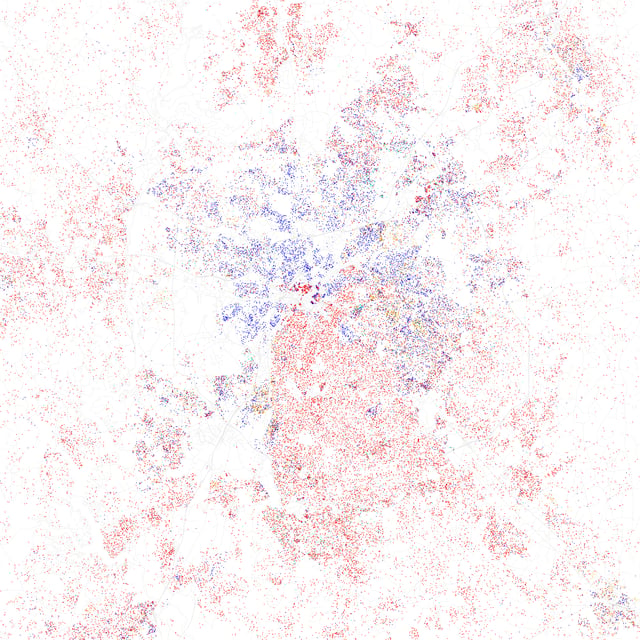 Map of racial distribution in Charlotte, 2010 U.S. Census. Each dot is 25 people: White, Black, Asian Hispanic, or Other