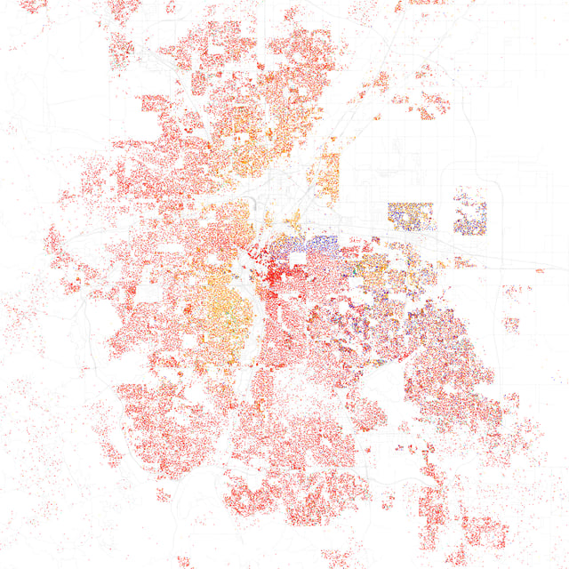 Map of racial distribution in Denver, 2010 U.S. Census. Each dot is 25 people: White, Black, Asian, Hispanic, or Other (yellow)