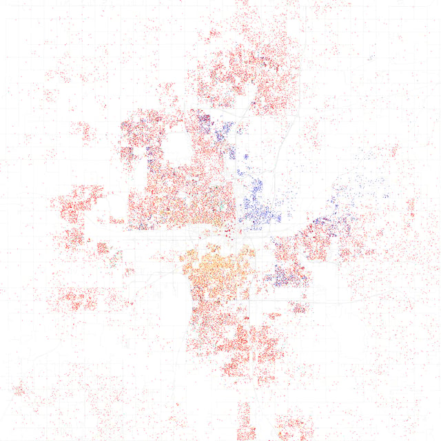 Map of racial distribution in Oklahoma City, 2010 U.S. Census. Each dot is 25 people: White, Black, Asian, Hispanic or Other (yellow)