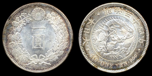 Early 1-yen silver coin, 26.96 grams of .900 pure silver, Japan, minted in 1901 (Meiji year 34)