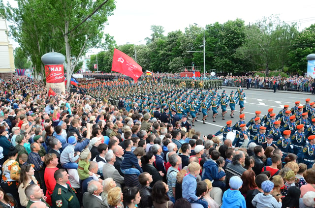 People in Donetsk, Ukraine celebrate the Soviet victory over Nazi Germany on 9 May 2018