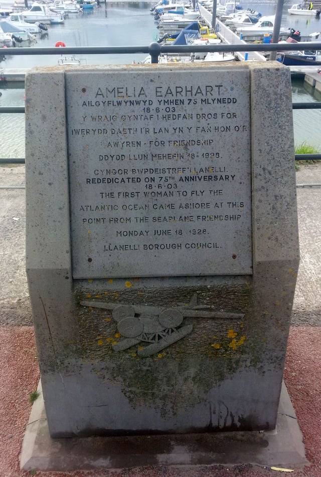Commemoration Stone for Amelia Earhart's 1928 transatlantic flight, next to the quay side in Burry Port, Wales