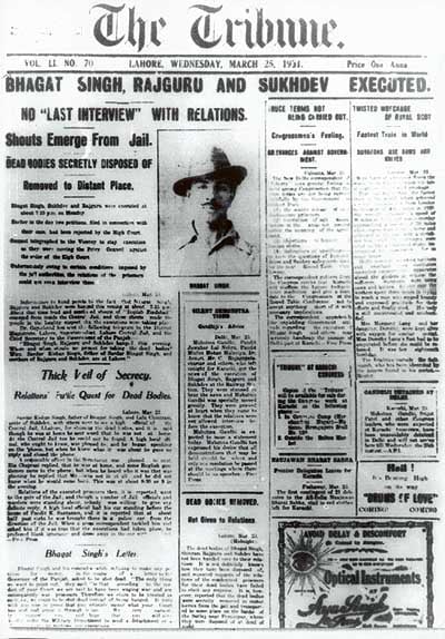 Front page of the Tribune (25 March 1931), reporting the execution of Bhagat Singh, Rajguru and Sukhdev by the British.