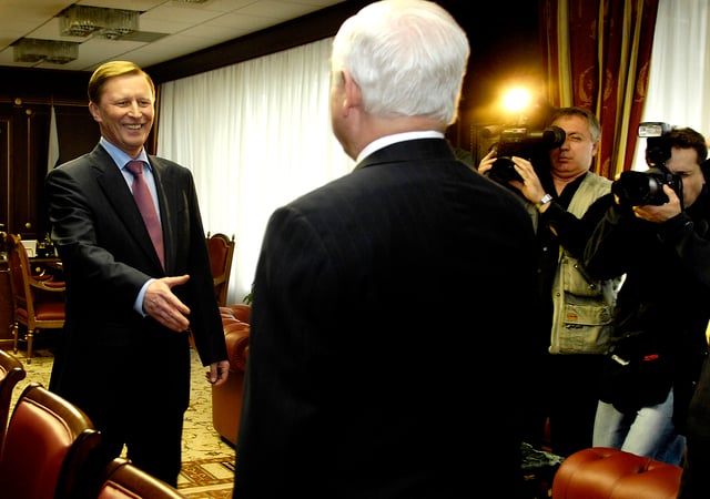 Former KGB officer Sergei Ivanov meets with former CIA director Robert Gates, April 2007