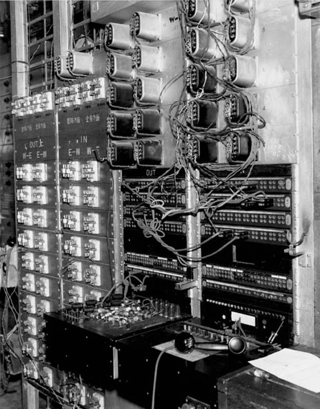 SC345199 – Korean War Equipment at Repeater Station, Taegu, Korea. Quad cable terminal on left, testboard on right and center on 1 August 1950.