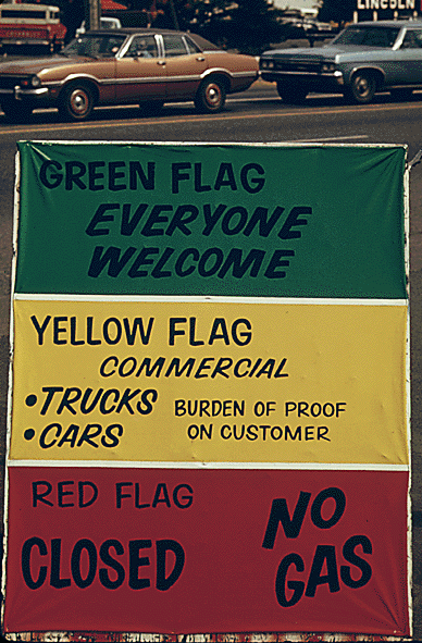 Oregon gasoline dealers displayed signs explaining the flag policy in the winter of 1973–74