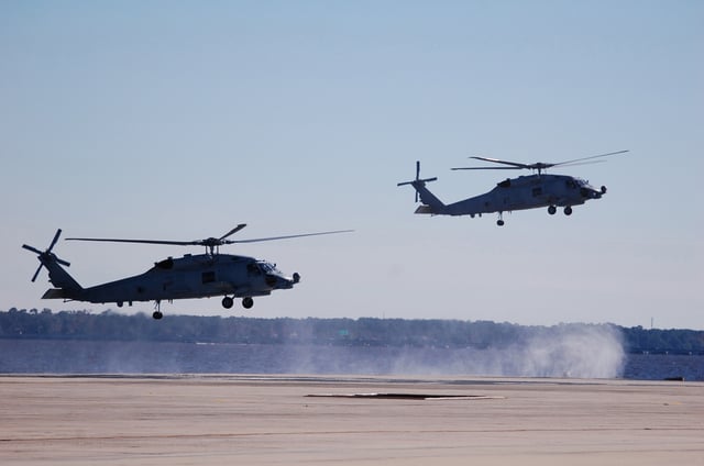 The first two Australian MH-60Rs arriving at Naval Air Station Jacksonville shortly before being formally delivered to the Royal Australian Navy in December 2013