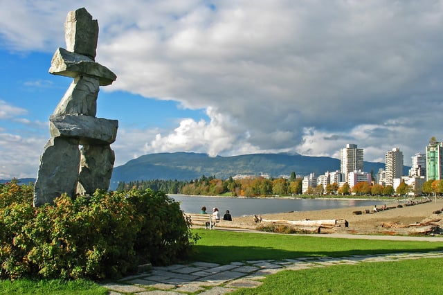 The Inukshuk at English Bay. The inukshuk is one of several pieces of public art on display in Vancouver.