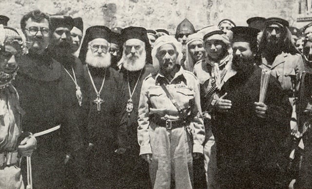 King Abdullah outside the Church of the Holy Sepulchre, 29 May 1948, the day after Jordanian forces took control of the Old City in the Battle for Jerusalem