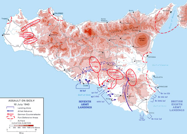 Map of the Allied landings in Sicily on 10 July 1943.