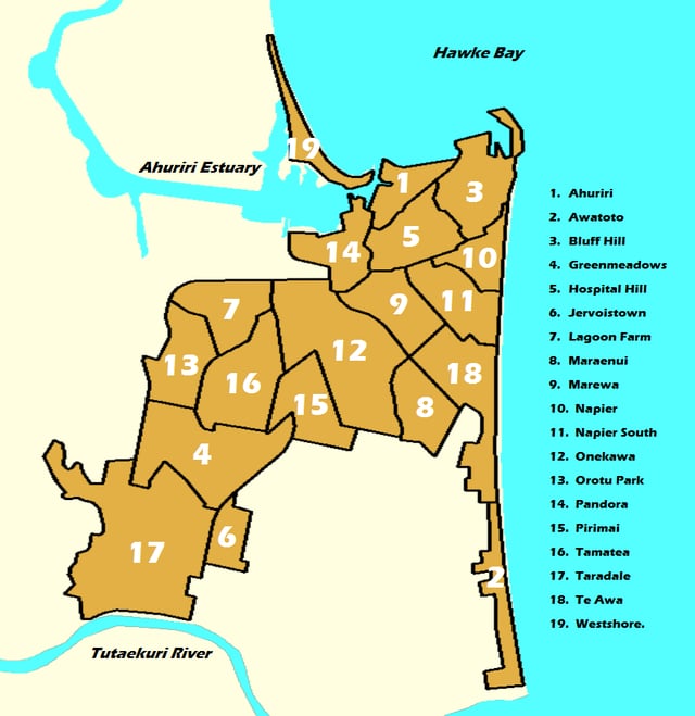 Labelled map of the 19 Suburbs that make up Napier City, New Zealand.