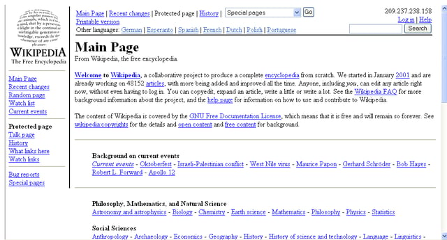 A screenshot of Wikipedia's main page on September 28, 2002.