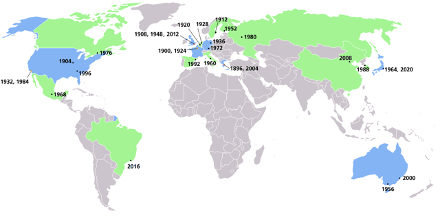 Map of Summer Olympics locations. Countries that have hosted one Summer Olympics are shaded green, while countries that have hosted two or more are shaded blue.