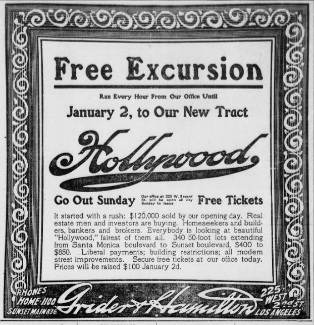 Newspaper advertisement for Hollywood land sales, 1908