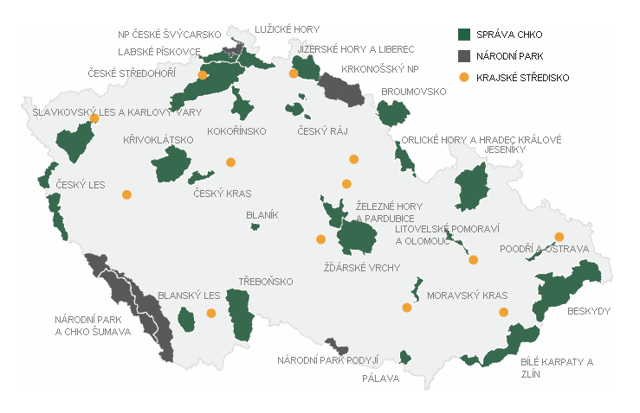 Map of Protected areas of the Czech Republic: National Parks (grey) and Protected Landscape Areas (green).