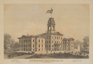 An 1880s lithograph of the original California State Normal School campus in San Jose.